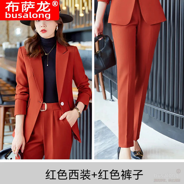 Red Professional Suit for Women2023Autumn Winter New High-end Elegant Socialite Casual Blazer Two-piece Set