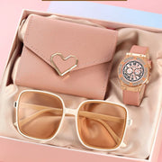 Casual Leather Quartz Wristwatch 3PCS Set for Women with Heart Bow Design Ladies' Glasses Sunglasses Clock