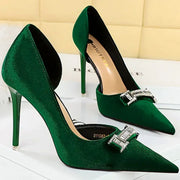 Women's Vintage Velvet Pumps 10.5cm High Heels Shallow Pointed Toe with Crystal Buckle for Banquet