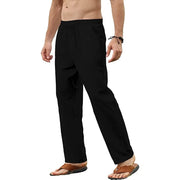 Men's cotton linen pants, casual loose fit, elastic waist, solid black, breathable jogger style.