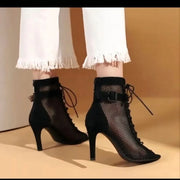 Women  Hollowed Mesh Heels Belt Buckle Lace-up Sexy Open Toe Stiletto J Shoes