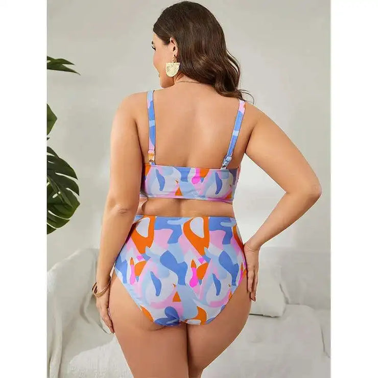 plus Size Split Swimsuit High Waisted Gathered Tight Fitting Summer Essential Bikini Eye Catching Vibe Comfortable Polyester