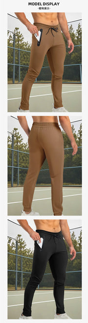 Men's Casual Sport Pants Autumn Winter Fashion Zipper Pocket Running Muscle Wear Ankle-Length Polyester Knit Regular Fit