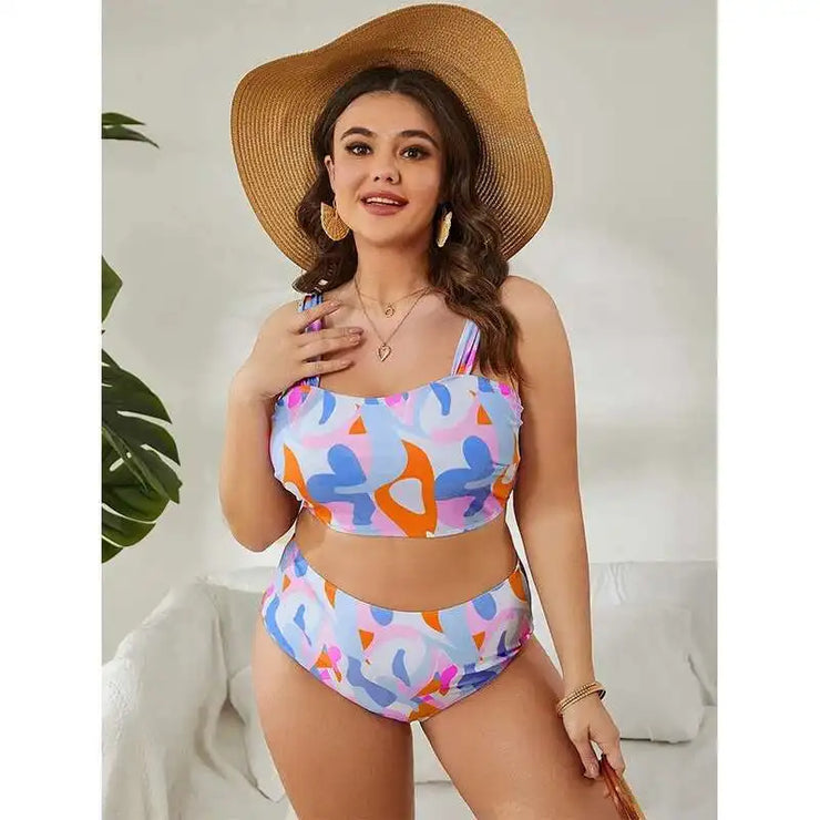 plus Size Split Swimsuit High Waisted Gathered Tight Fitting Summer Essential Bikini Eye Catching Vibe Comfortable Polyester