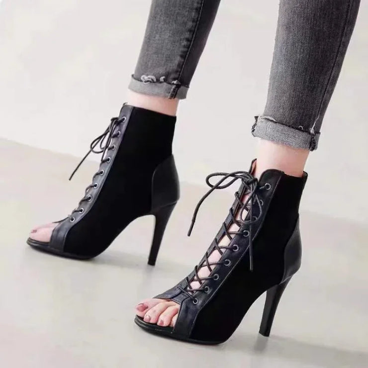 Black Summer High Heels Ankle Boots Peep Toe Lace