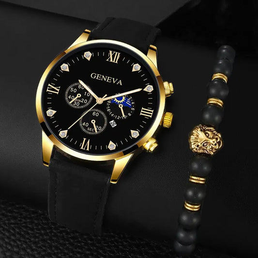 Men's 2pcs Luxury Quartz Watches Bracelet Casual Round Pointer Calendar Watch