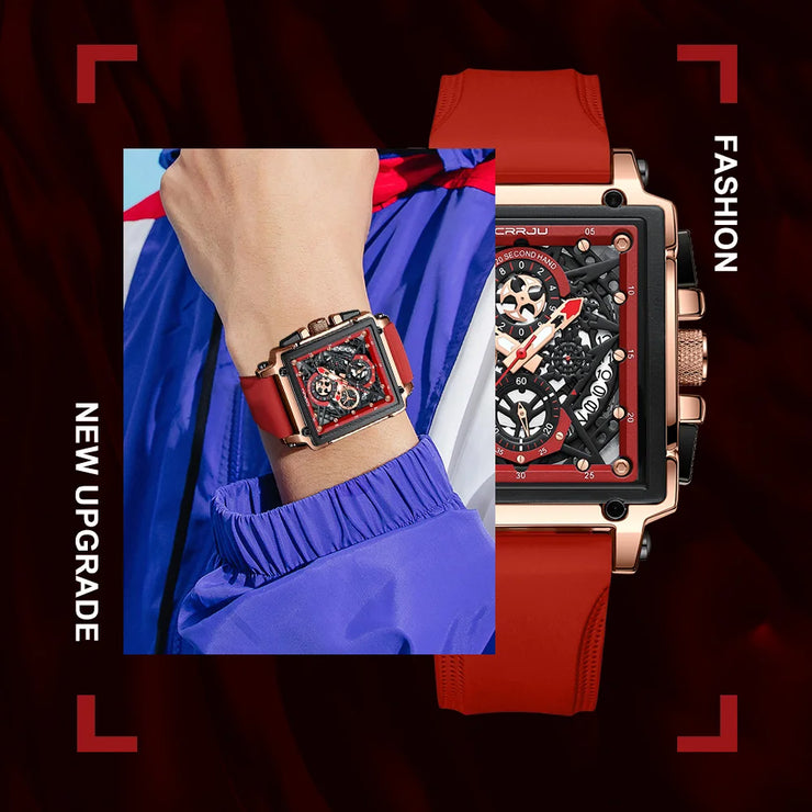 CRRJU Fashion Sports Watch Large Dial Unique Rectangular Hollow Design Quartz Wristwatch with Chronograph Auto Date Silicone Band