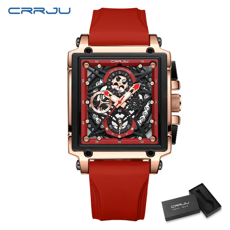 CRRJU Fashion Sports Watch Large Dial Unique Rectangular Hollow Design Quartz Wristwatch with Chronograph Auto Date Silicone Band