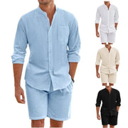 Men's cotton-linen two-piece set with button shirt and elastic waist shorts in assorted colors, ideal for beachwear.