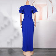 Luxury Women's Elegant Dress with Solid V Neck Ruffles Sleeve Beaded Diamond Sheath Front Split Floor Length