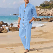 Men's Cuban style fashion shirt with multi-button stand collar, loose fit, and long sleeves, perfect for beach and casual outings in spring and autumn.
