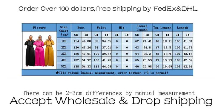 2 Piece Women Outfit Size Chart with Bust, Waist, Hip, Sleeve, and Length Measurements for Plus Sizes 1XL-5XL.