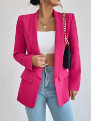 Spring Women's Solid Polyester Cotton Blazer Long Sleeve Slim Fit Office Lady Jacket with Pockets Fashionable Outerwear