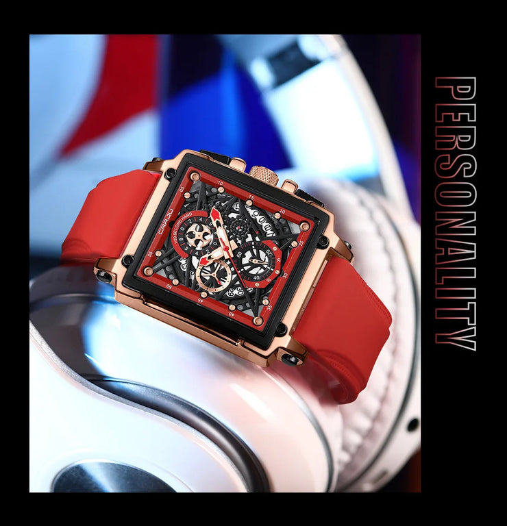 CRRJU Fashion Sports Watch Large Dial Unique Rectangular Hollow Design Quartz Wristwatch with Chronograph Auto Date Silicone Band