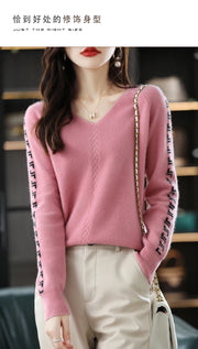 Women Pure Wool  V-Neck Stitching Long-Sleeved Autumn Winter Pullover Loose Knitted Cashmere Sweater