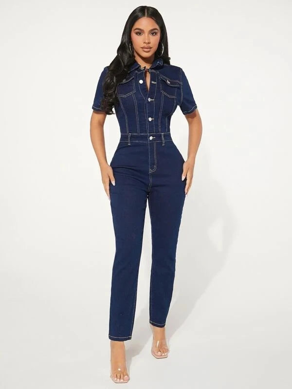 Elegant Stretch Denim Jumpsuit for Women Sexy Turn Down Collar