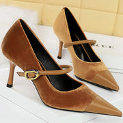 Korean Velvet High Heels Women's Pumps 10cm 7cm Thin Heel Pointed Toe Metal Buckle Shallow Montage Party Shoes