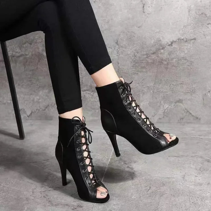 Black Summer High Heels Ankle Boots Peep Toe Lace