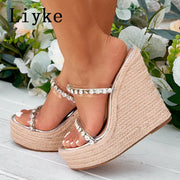 Women  Rhinestone Slipper High Quality Straw Rope Weave Thick  Platform Heels Transparent Sandal