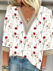 Elegant loose woman shirt with floral print and V-neck design, casual blouse for holiday weekends.