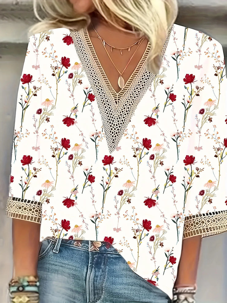 Elegant loose woman shirt with floral print and V-neck design, casual blouse for holiday weekends.