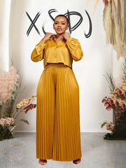 Elegant autumn women's outfit featuring a long sleeve button top and pleated pants, suitable for casual wear, plus size available.