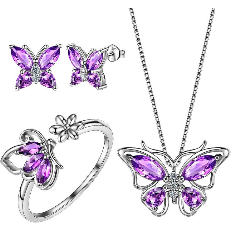 Butterfly Jewelry Set for women Butterflies Amethyst Birthstone Pendant Necklace/Earrings/Rings f