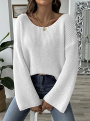 Women's Off-The-Shoulder Flare Sleeve Sweater Loose Fit Pullover Top European American Style Solid Knit
