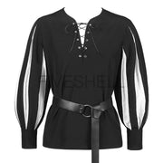 Halloween Men's Medieval Cosplay Warrior Knight Tunic Shirt Belted Lansquenet Larp Pirate Costume Black Lace-Up Top Clothing