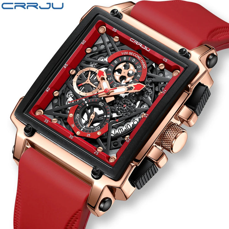 CRRJU Fashion Sports Watch Large Dial Unique Rectangular Hollow Design Quartz Wristwatch with Chronograph Auto Date Silicone Band