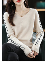 Women Pure Wool  V-Neck Stitching Long-Sleeved Autumn Winter Pullover Loose Knitted Cashmere Sweater