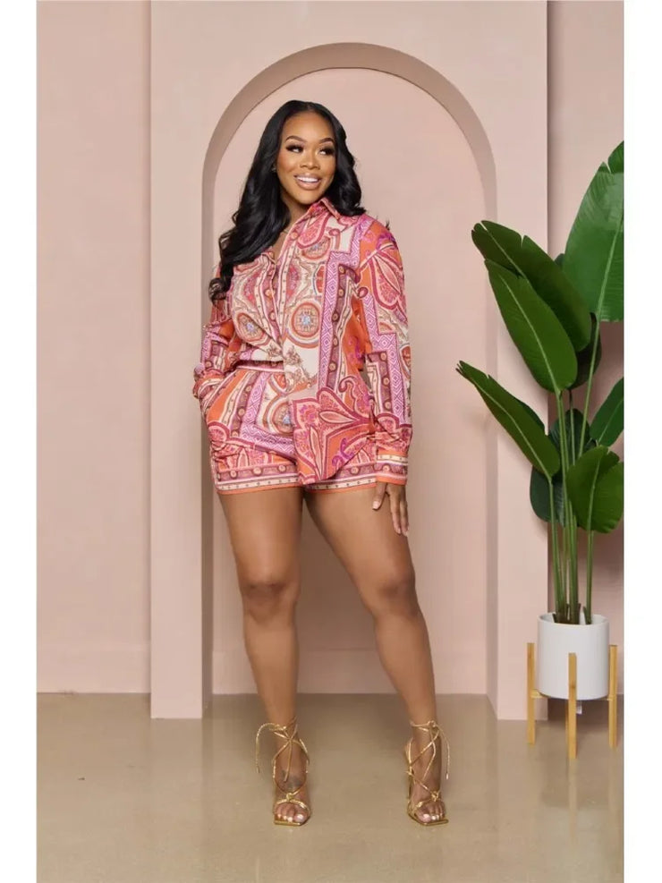 Casual 2 pieces set with flower print, long sleeve shirt, and elastic waist shorts for autumn 2024.