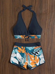 Women's Sporty Surfing Bikini Set Fashion Printed Lace-Up Swimsuit High-Waisted Beachwear Swimwear with Splice Details