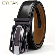 Men's genuine leather belt with alloy ratchet buckle, top quality casual fashion accessory.
