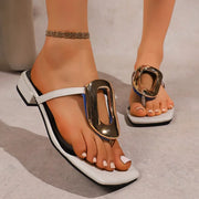 Summer Beach Luxury Flats Women's Sandals  Metal Flip Flops Slip-On Slides with Back Strap PU Insole Med Heel Wedges