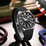CURREN 8437 Men's Quartz Watch with silicone strap, automatic date, and water resistance.