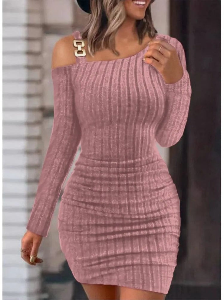 Women Sexy Chain Off Shoulder Bodycon  Mini Dress