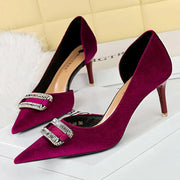Elegant Velvet Pumps for Women with Crystal Buckle Side Hollow Design Thin Heel Pointed Toe High Heels 7cm Fashion Party Shoes