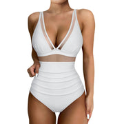 Women's Sexy Mesh Splicing Solid One-Piece Bikini Swimwear Wire-Free Support High-Waist Comfortable Fit