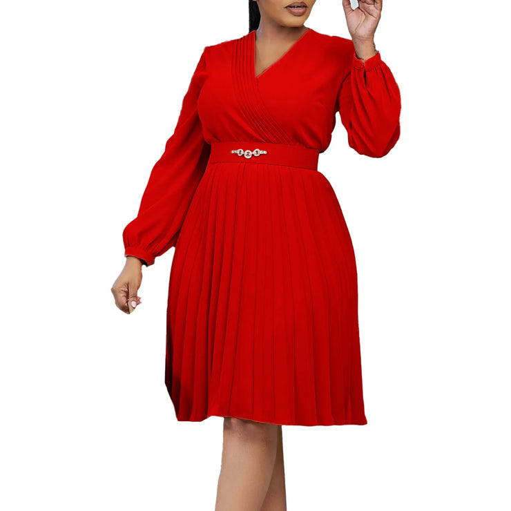 Women Elegant Pleated V Neck Long Lantern Sleeve High Waist Modest Dress