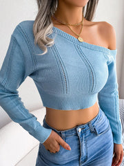 Women's Sexy Knitted One Shoulder Crop Top Long Sleeve Hollow out White Sweater Casual Slim Fit Pullover for Autumn Winter