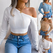 Women's Sexy Knitted One Shoulder Crop Top Long Sleeve Hollow out White Sweater Casual Slim Fit Pullover for Autumn Winter