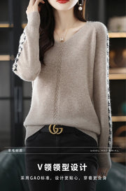 Women Pure Wool  V-Neck Stitching Long-Sleeved Autumn Winter Pullover Loose Knitted Cashmere Sweater