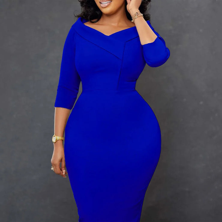 Elegant V-Neck Bodycon Dress for Women with Full Sleeves Mid-Calf Length Packaging Hips Area