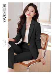 NAVIU 2 Piece Women's Office Blazer Set with High-Waist Pencil Pants Turn-Down Collar Elegant Apricot Black Pink Ladies Suits