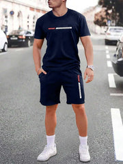Men's urban street fashion crew neck short sleeve suit in navy with simple design and applique details, ideal for casual outdoor wear.