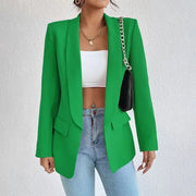 Spring Women's Solid Polyester Cotton Blazer Long Sleeve Slim Fit Office Lady Jacket with Pockets Fashionable Outerwear