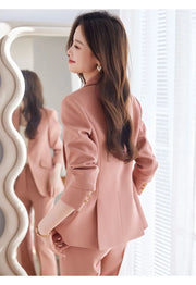 NAVIU 2 Piece Women's Office Blazer Set with High-Waist Pencil Pants Turn-Down Collar Elegant Apricot Black Pink Ladies Suits