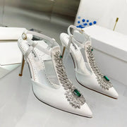 Ladies Rhinestone Pointed Toe Stiletto High Heels Satin Gemstone Ankle-Wrap Buckle Strap  Fairy Pump