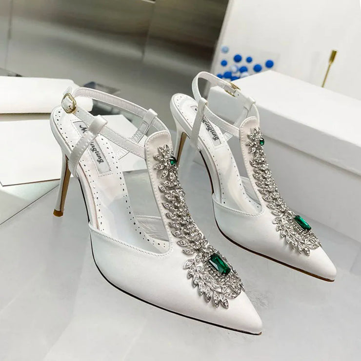 Ladies Rhinestone Pointed Toe Stiletto High Heels Satin Gemstone Ankle-Wrap Buckle Strap  Fairy Pump